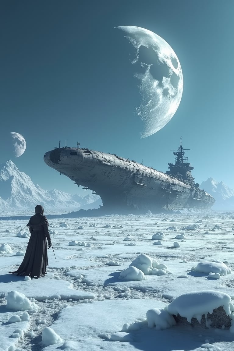 An ice planet with two full moons, featuring a large, dilapidated spaceship on the ice in the background, with icicles scattered around. The ship appears to have been abandoned for a long time. A probe approaches and photographs the scene, capturing the desolate and eerie atmosphere.