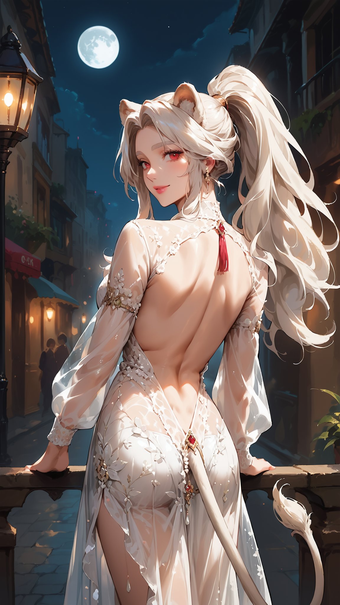 ((1girl)), round ears,lion ear,lion tail,pink lips,white hair,(white tail),white ears, (parted side bangs),ahoge,(show forehead), long hair , (thick eyebrows,white eyebrows,)((hair covering ears)), masterpiece quality,pink lips,(red eyes),disheveled hair,tired,smile,((hair hiding at ears )),(ponytail),
city background,moon,street lamp,
((shiny body)),((smooth back skin)),((portrait)),((smooth body))
wearing white backless dress, looking back,from behind,
backless.((view of back)),
score_9, score_8_up, score_7_up,see-through_dress,score_6_up,score_Realism,rating_safe