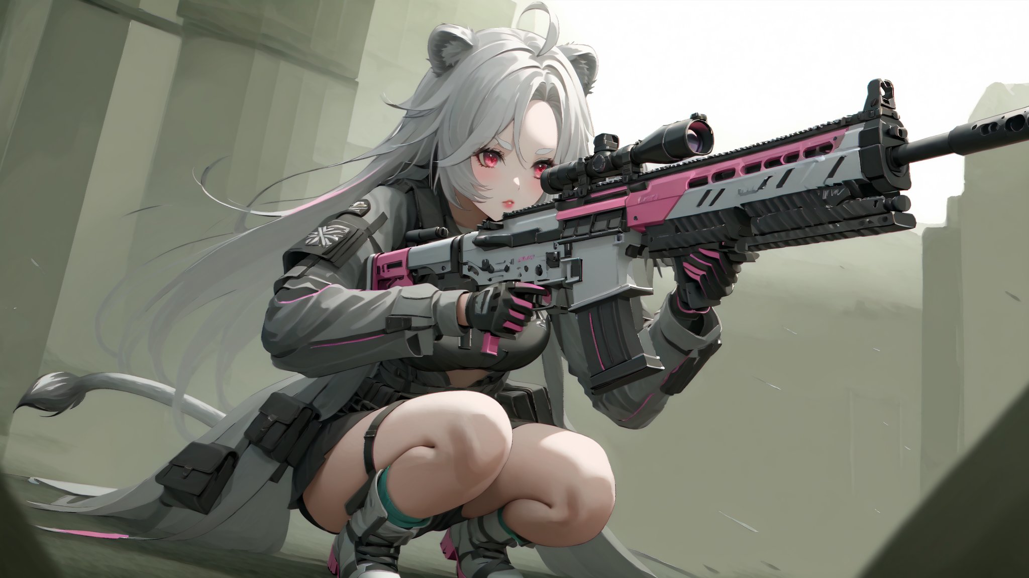 ((1girl)), round ears,lion ear,lion tail,pink lips,white hair,(white tail),white ears, (parted side bangs),ahoge,(show forehead), long hair , thick eyebrows,white eyebrows,)((hair covering ears)), masterpiece quality,blush,,pink lips,(red eyes),valkfl0t3ch,assault rifle,medium full body,(one leg kneel),,Squat