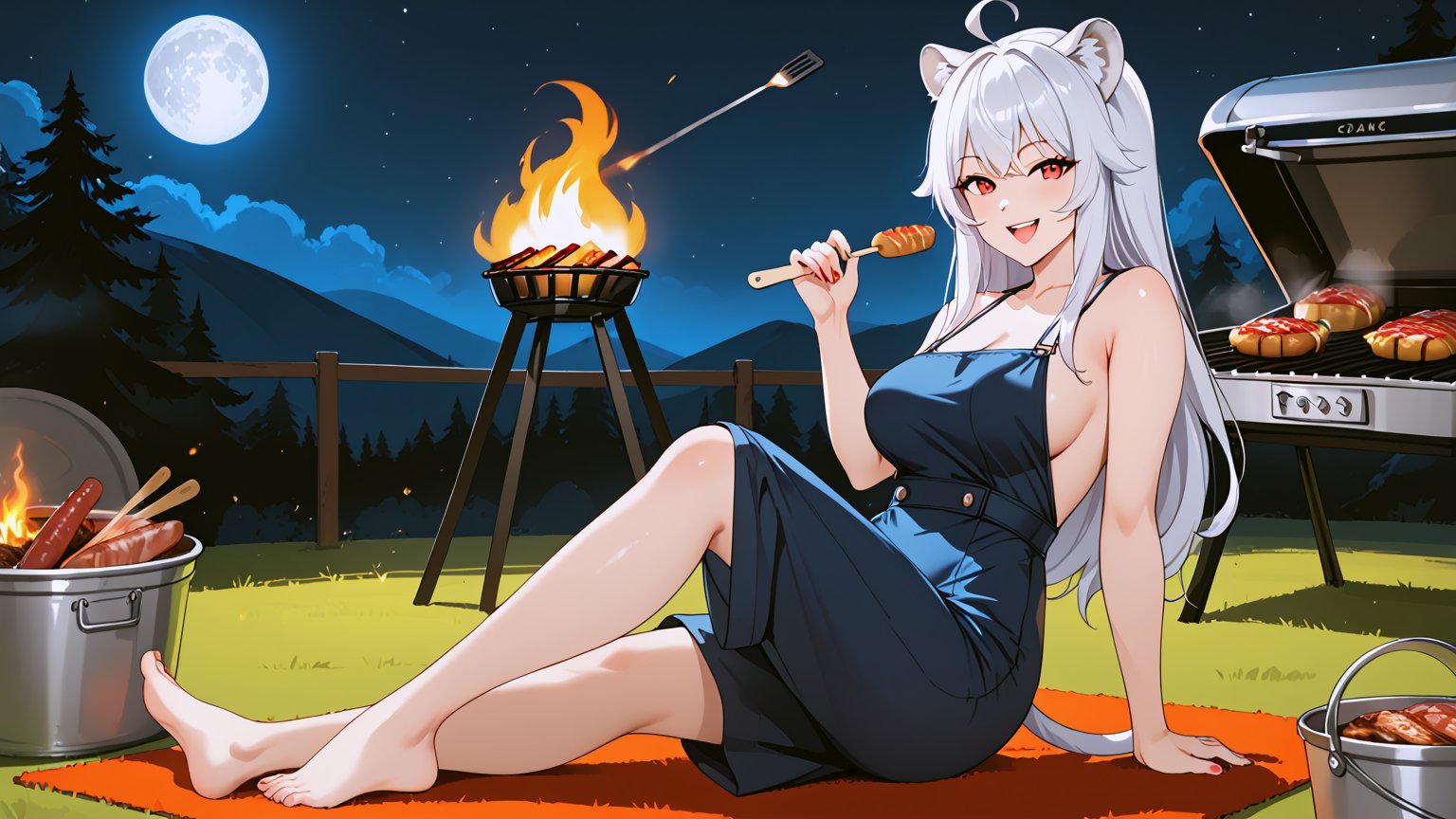 ((1girl)),red eyes,lion tail,lion ears,white hair,
Both sides of bangs,round ears,bangs,smile
sitting on chair,looking the viewer,dress ,jumpsuit
,,moon,grassland,chair on carpet,
 night background,,camping,have tebby cat of near,
BBQ,smokey,eat meat,barbecue grill,ice bucket,

ahoge,  
,ultra HD, ultra high resolution