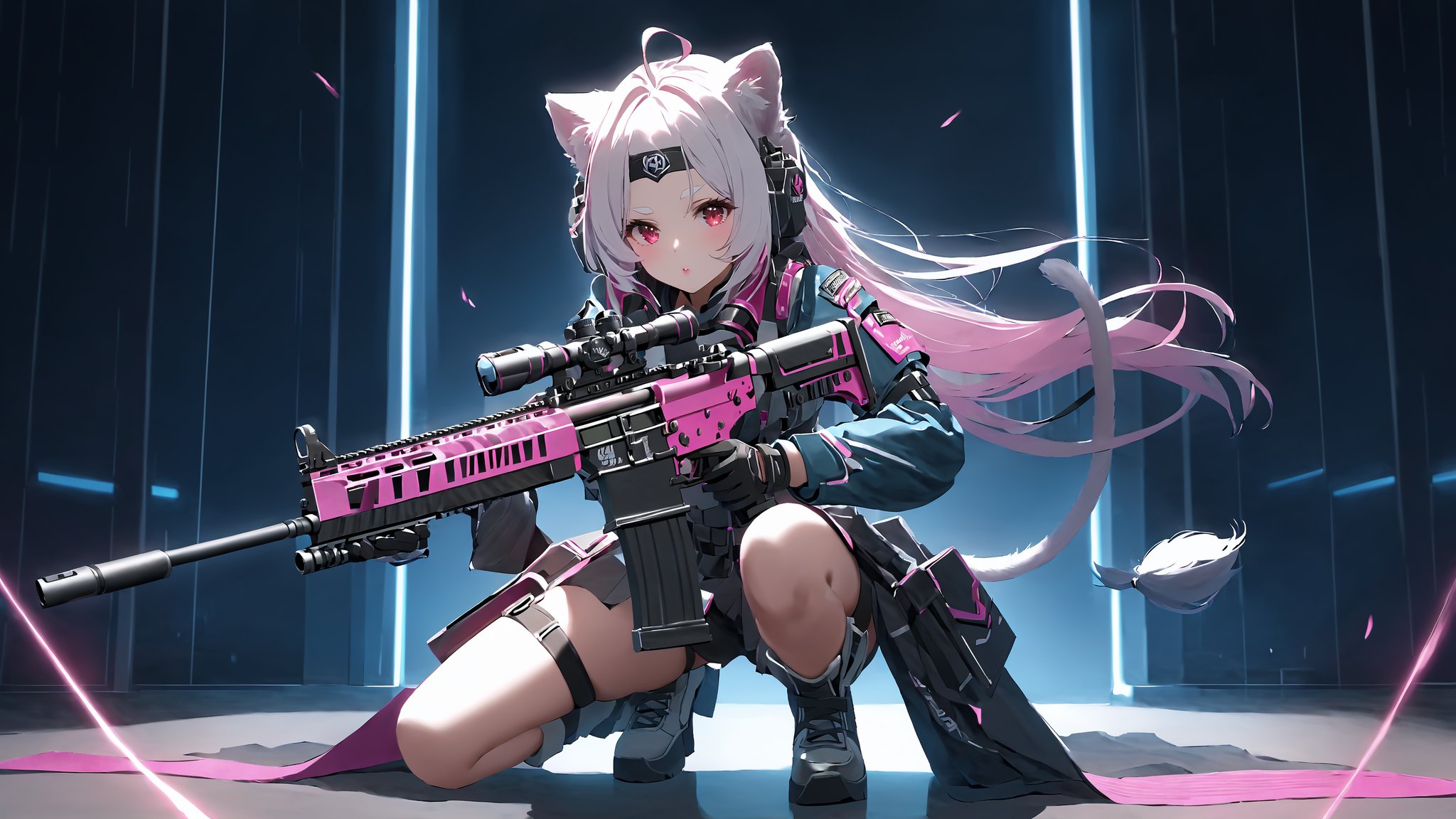 ((1girl)), round ears,lion ear,lion tail,pink lips,white hair,(white tail),white ears, (parted side bangs),ahoge,(show forehead), long hair , thick eyebrows,white eyebrows,)((hair covering ears)), masterpiece quality,blush,,pink lips,(red eyes),valkfl0t3ch,assault rifle,medium full body,(((one leg kneel))),((aim)),Squat,gradriel