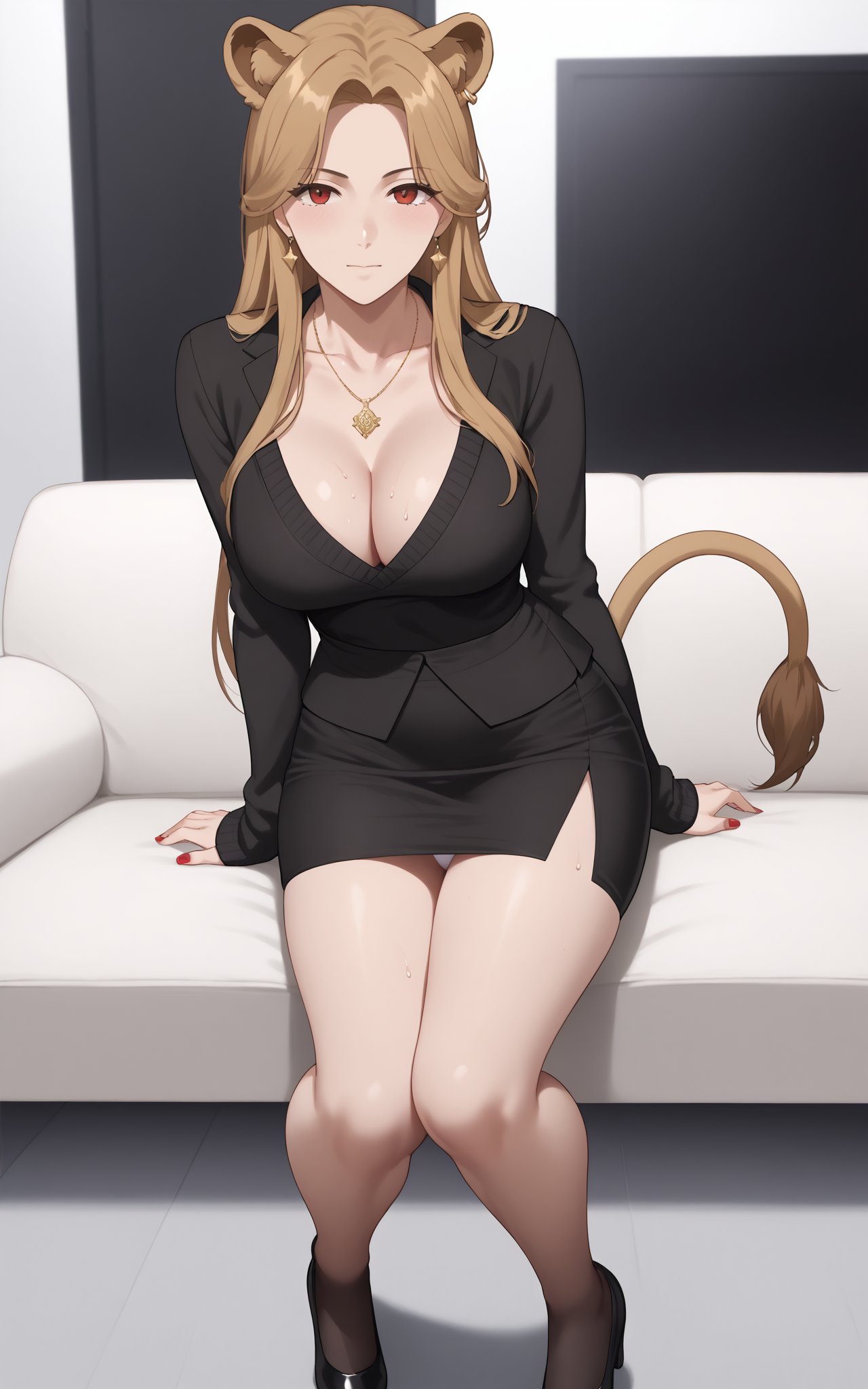 1girl, solo, long hair, looking at viewer, bangs, blond hair, red eyes, jewelry, closed mouth, earrings, mole, animal ear fuzz, parted bangs, mole under eye, portrait , forehead,Breasts, skirt, big boobs, brown hair, long sleeves, cleavage, jewelry, collarbone, black skirt, necklace, sweater, sleeves above wrist, high waisted skirt, brown skirt,white sweater,skirt, long sleeves, tail, pantyhose, miniskirt, black skirt, nail polish, black footwear, legs, black pantyhose, black background, red nails, pencil skirt, lion tail,full body ,round lion ears,

office,see-through,hand between legs,M-leg,,sitting on sofa,black bra, white underwear, blush ,tried,
effluence liquid from legs,sweat profusely,hand between legs,