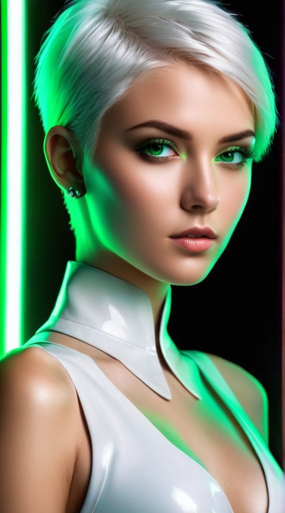 (ultra-realistic:1.4), (photo-realistic:1.4), (hyper-realistic:1.4),   In the midst of a vibrant futuristic nightclub, the striking image of a (((young model))) catches your eye. Her short, ((white hair)) and (((piercing green eyes))) make for a striking contrast against the neon lights. In the soft glow of the night scene, her flawless complexion is highlighted, adding an air of ((mystery)) to the already electrifying atmosphere. The photograph itself is of ((high quality)), capturing the girl's ((beauty)) and the ((energy)) of the club. ((Futuristic, nightclub, neon lights)), ((young model, white hair, piercing green eyes, soft light, mystery, captivating)), ((high-quality, realistic-style, beauty, energy, club's environment)).