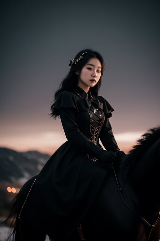 a young woman,looking at the camera, posing,ulzzang, streaming on twitch, character album cover,black moment,style of bokeh, witch dress, ,moody lighting,appropriate comparison of cold and warm, hair over one eye, bow on head, reality,idol,Beauty,beauty,Holding a crossbow, riding a horse