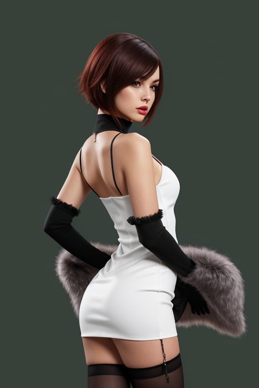 (sketch drawing), (digital painting), standing side view body portrait, (cutesexyrobutts:0.8), (score_10, score_9_up, score_9, score_8_up, score_7_up, score_6, score_5, score_4, source_anime), detailed face + big grey eyes, (pouty parted lips:1.1), (Expressiveh:1.2), (Dynamic angle:1.1), (dynamic pose:1.1), (best quality:1.1), (amazing background:1.1), (detailed background:1.1), masterpiece, highres, illustration, (sharp focus:1.1), masterpiece illustration, (beautiful intricate body:1.1), (fine line work:1.0), (shiny skin:1.1), (shiny hair:1.1), (yorha no.2 type b:0.8), (short hair, white hair), mole under mouth (red taut dress:1.3), (short dress:1.2), (dark green dress:1.2), (coat:1.1), cleavage,(shouldered fur coat, fur trim:1.1), (skin tight:1.2), (black thighhighs:1.2), (side ass cheek), , Expressiveh,concept art,g4n1m3,1girl,l4rg33y3s