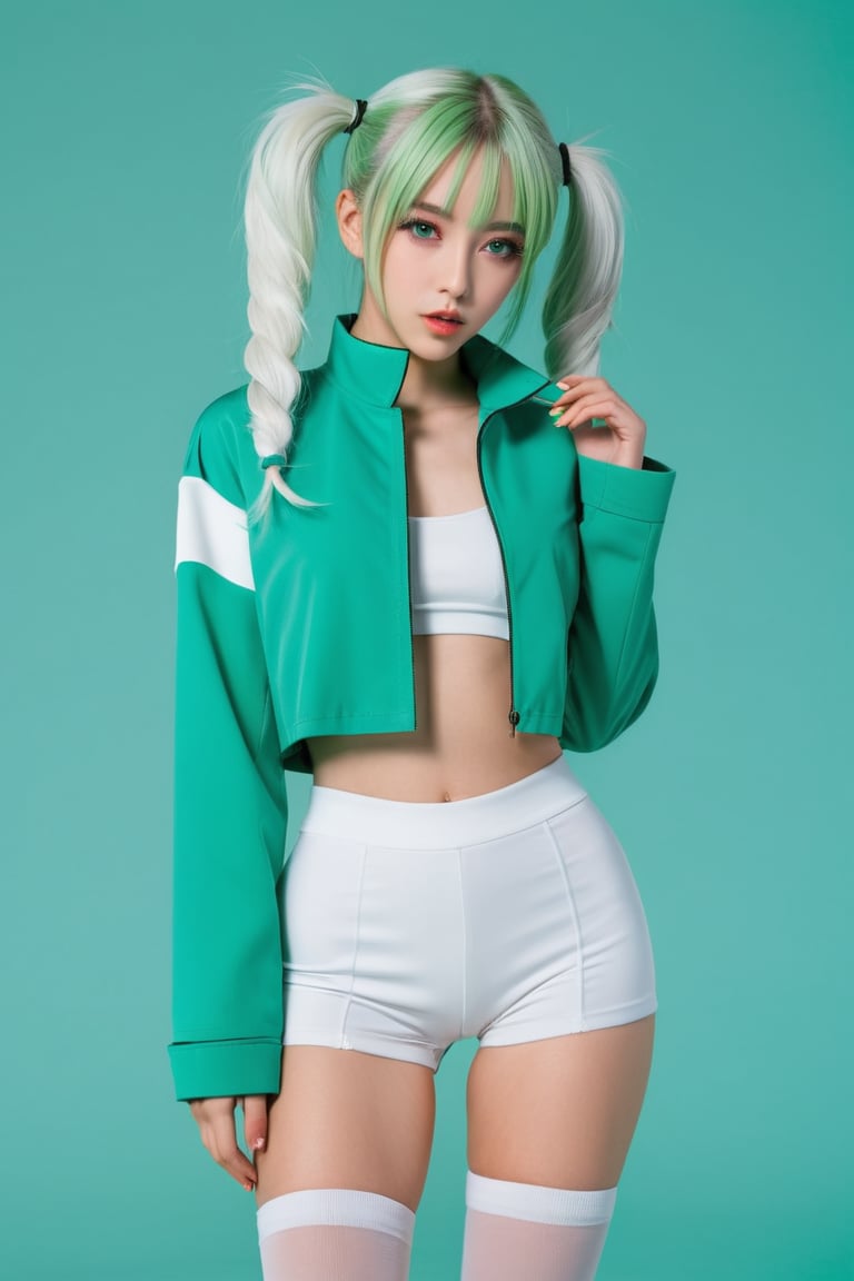 Hizuki,White hair, long hair, green-eyes, futuristic biscay green pantone jacket, crop top, white shorts,pigtails,high stockings,doing a modeling pose while looking at the camera with a sensual look while biting her lip