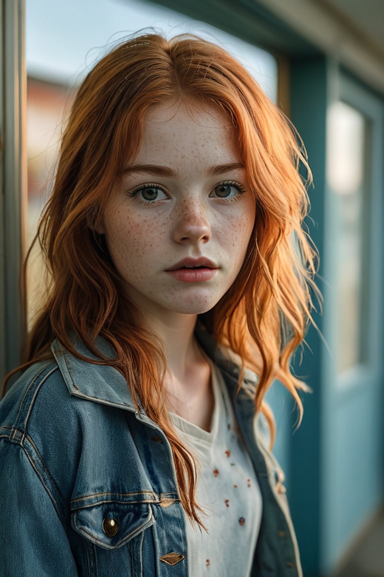 Close-up shot of an 18-year-old redhead standing in front of a worn-out motel room door, with a hint of curiosity on her freckled face. Soft golden lighting casts a warm glow on her fiery locks and porcelain skin. She's dressed in a casual outfit, with a denim jacket slung over her shoulder, and a backpack at her feet. The motel's neon sign hums softly in the background, reflecting off the wet asphalt.