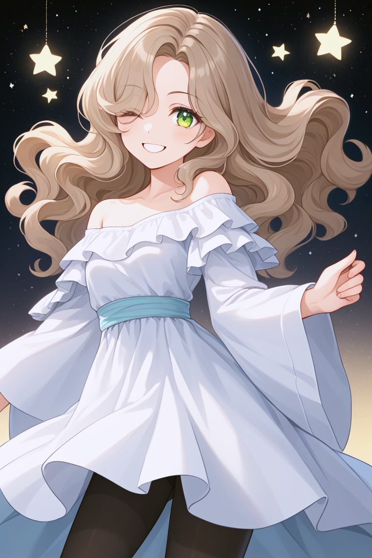 This image features an anime-style character with light brown, wavy hair, and vibrant green eyes. The hair cover her left eye. The character has an expressive and joyful facial expression, with one eye winking and an open-mouthed smile. She wears an elegant, off-shoulder white dress with wide sleeves and a fitted waist, paired with black tights. The background is a gradient of light blue with soft geometric shapes like circles and stars, giving a whimsical and playful atmosphere. The overall art style is smooth with pastel tones, contributing to the character's energetic and cheerful appearance.