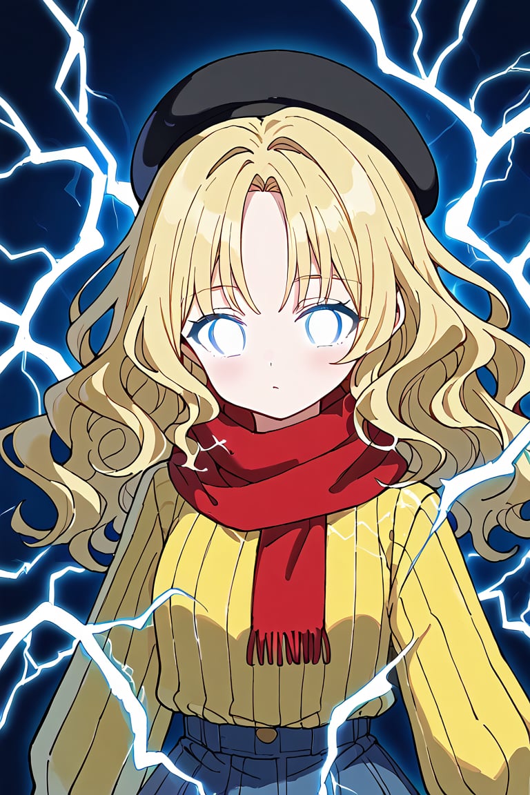 blonde hair, wavy hair, hair styled with soft curls that frame her face, a cropped, yellow long-sleeve yellow sweater, high-waisted blue denim skirt with a frayed hem, black thigh-high socking, red scarf, black beret,IncrsLowTier,glowing eyes, no eyes,electricity,upper body, white eyes,