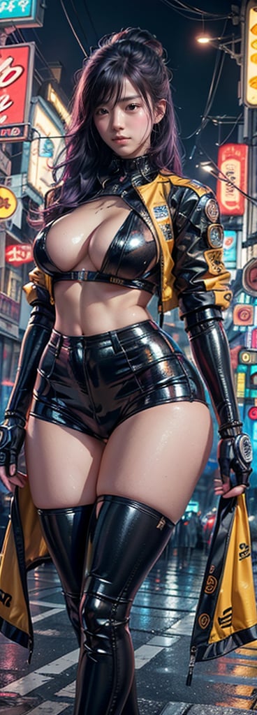 Rebeca, a stunning mecha-wielding heroine from Cyberpunk, stands proudly on a bustling city street. In a medium-long shot, she confidently waves one hand in the air, her dark purple hair styled short and sleek. Her robotic hands are adorned with intricate details, adding to her striking appearance. She wears a black tight blouse, yellow jacket from Cyberpunk, and black tight shorts that accentuate her toned physique. Her eyes gleam bright yellow, a mesmerizing contrast to her porcelain skin. The detailed background features futuristic cars zipping by, while the city's neon lights reflect off Rebeca's metallic limbs, creating a captivating atmosphere. Capture this high-quality masterpiece in all its beautiful glory.