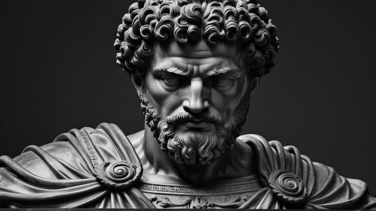 black and white statue of philosopher Marcus Aurelius with muscular body 