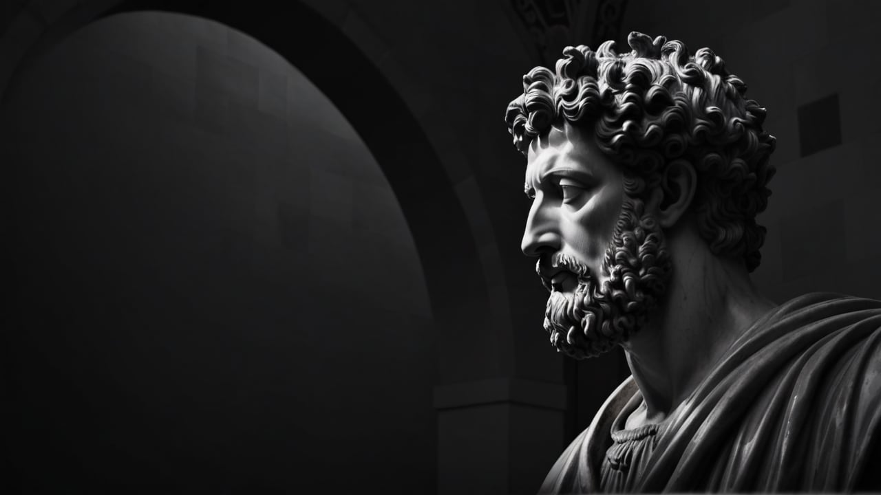 black and white statue of philosopher Marcus Aurelius with muscular body 