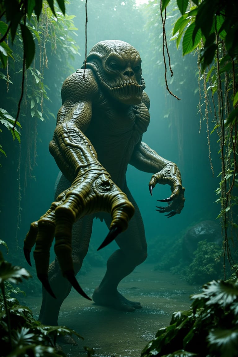 A wide 16:9 cinematic shot of The Creature from the Black Lagoon lunging forward,  his massive webbed claw stretching towa...