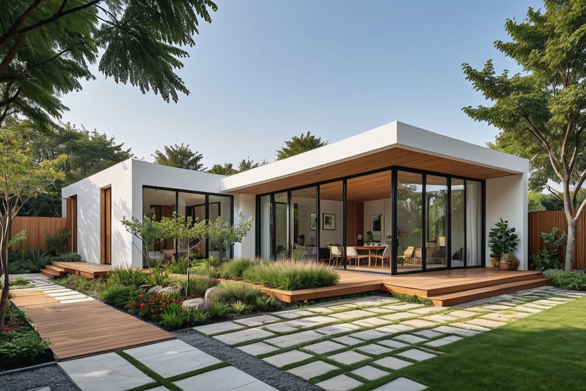 Exterior of a one-story modern flat-roof house with clean lines and large floor-to-ceiling windows. The facade is a combination of white stucco and natural wood accents, surrounded by minimalist landscaping with gravel paths and low-maintenance trees. The house has an open-plan living space, seamlessly connecting the indoors with the outdoors through sliding glass doors leading to a spacious terrace. Cinematic compositions, trending on ArtStation.
