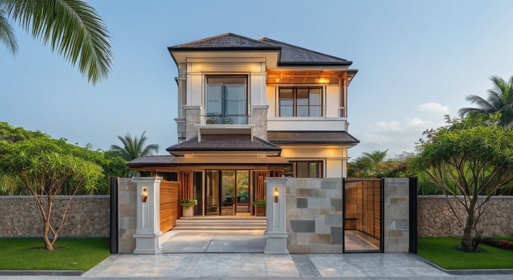 single house exterior, minimalist style, wooden ceiling, stone fence, glass doors and windows, black metal gate, white and brown tones, tropical garden, tropical plants, blooming flowers, clear sky good, morning,
sidewalks and paved roads in front of the house,
 RAW photo, 8k uhd, dslr, soft light, high quality, film grain, Fujifilm XT3, masterpiece,