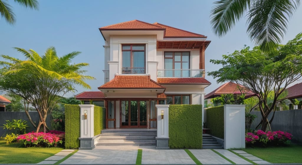 Modern 2-storey pointed roof villa in the suburbs of Vietnam, wide viewing angle, eye level, Photorealistic, surreal, 8k, ultra high resolution, sharp focus, soft morning light, courtyard Manicured gardens, bougainvillea trees, paved driveways, suburbs, clean streets. Surrounded by tropical trees providing shade
