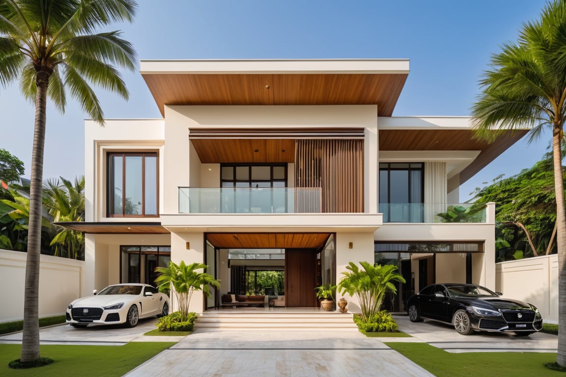 Exterior perspective, Exterior perspective, wide angle view of a modern Indochina house on the street, color scheme {light cream yellow|white|brown}, marble walls, brown details, granite tiles, ( luxury interior), clear blue noon sky, lush green trees, black frame doors, facade lights, cars, palm trees, (RAW photo, masterpiece, best quality, super detailed, extremely refined Exquisite and beautiful, high resolution, best shade: 1.1), (Warm Daylight, Fresh Air)
