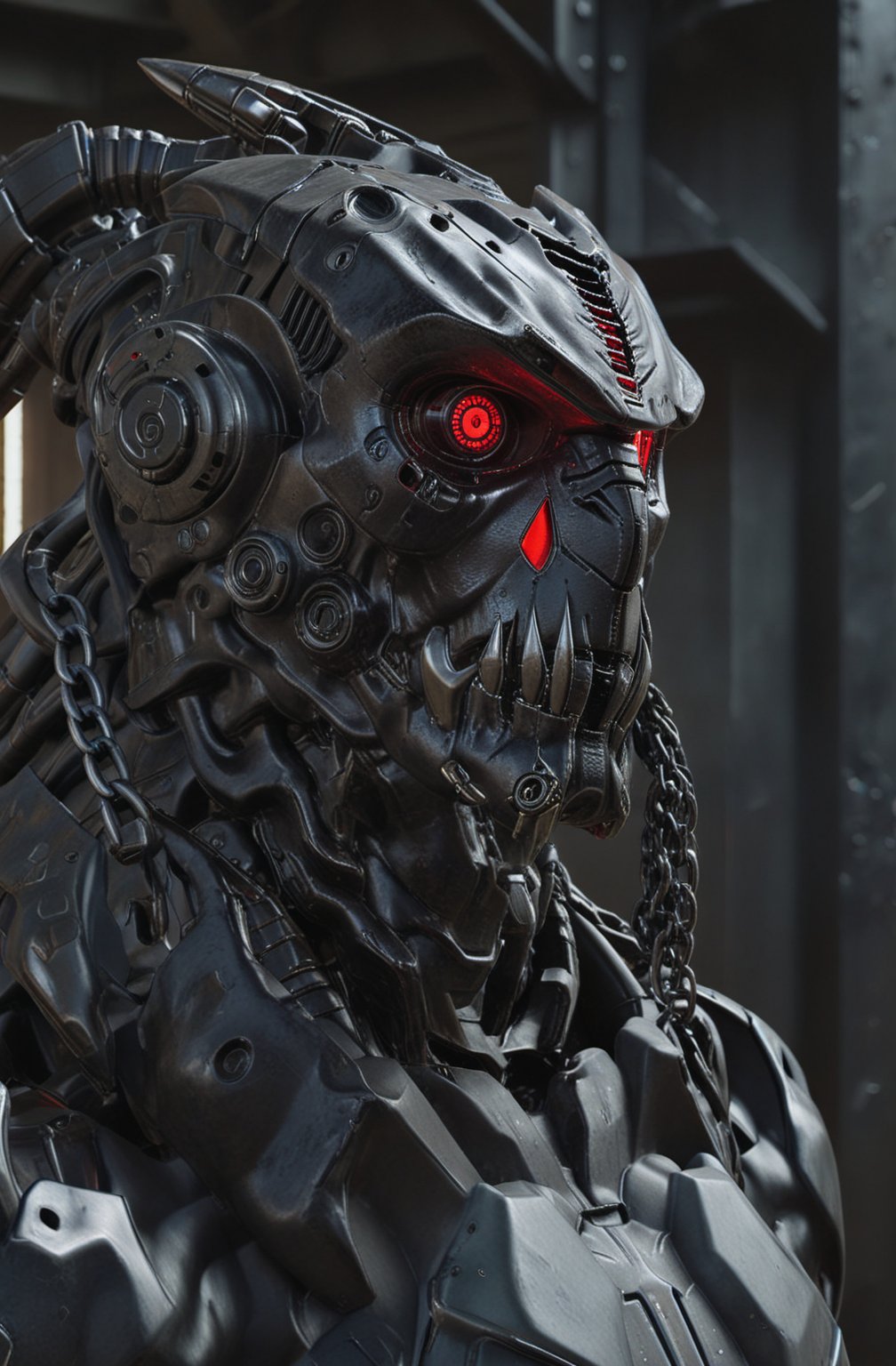 (8k, 3D, UHD, highly detailed, masterpiece, professional oil painting)close-up of robot from side in action pose surrounded by void magic looking at viewer, metalic roboter head (intricate details), (****), insane, toxic, no hair,volumetric lighting, (dutch angle:0.5),  many red led laser eyes,Dinosaur style metal teeth,bust shot,With a bunch of chains on his head,Sharp black teeth,(Terminator T800:0.7),6 red pupils in one eye socket,Steel works,head Hot red metallic texture,Shoulder gun,
lora:add-detail-xl:1
