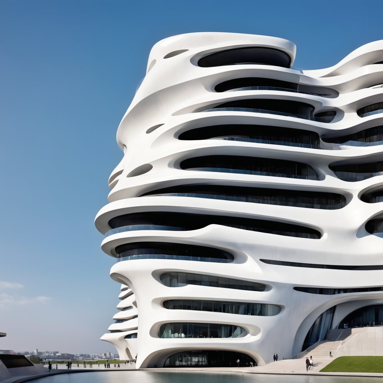 (master piece)(biomorphic building), rhombuses facade pattern, zaha hadid, Calatrava, glass windows,  concrete,  house with tesselated facade, front street view,photo-realistic,hyper-realistic, parametric architecture,8k, ultra details,Low-rise building,Manufactured goods,Theatre stadium,Tower,ellipsoid,tarmac,Air terminal,seaside,Golden fashion,Minimalist style,Water style,mobility,

An architectural wonder with a daring configuration and ground-breaking design.This structure could be a museum or a company building.4k image photo like,(detailed)