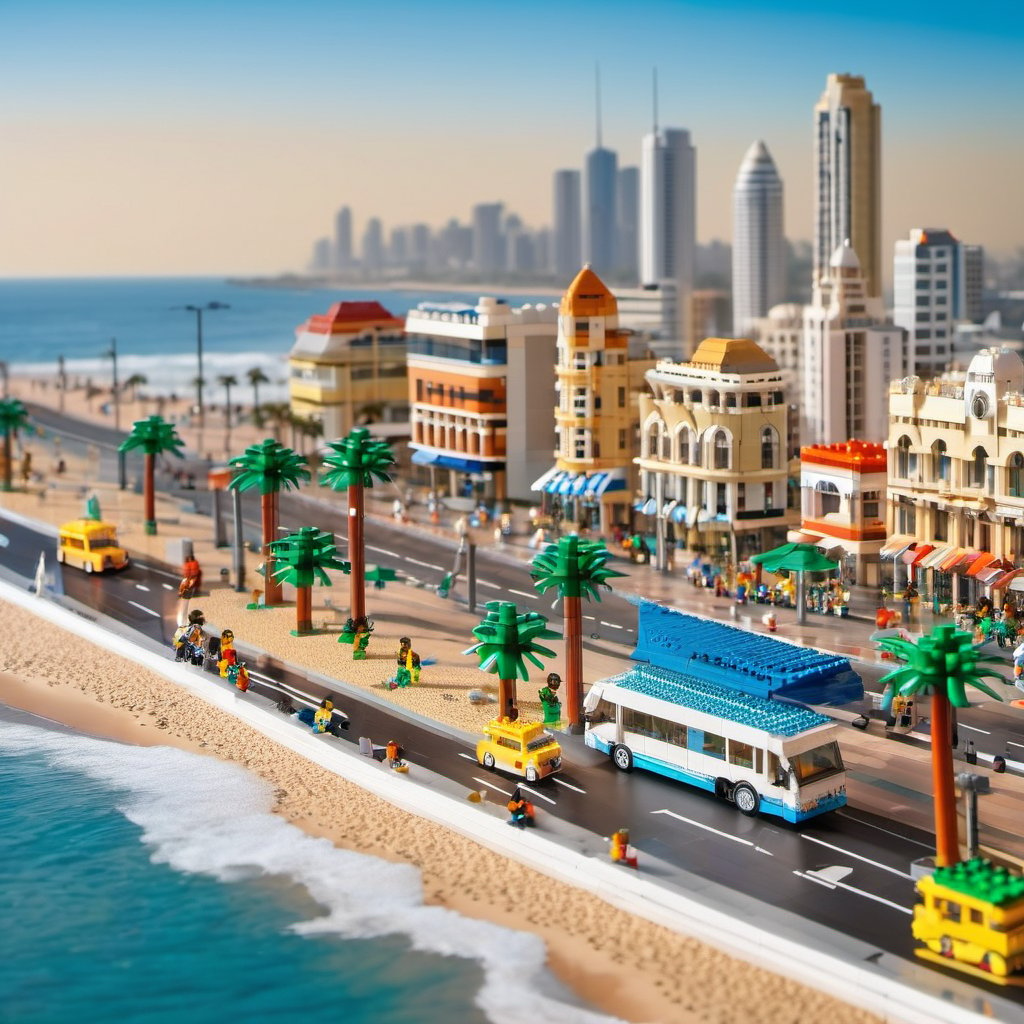 Vibrant and colorful Lego cityscape of Durban beachfront promenade, South Africa, set against a bright blue sky , featuring the Durban city skyline and Moses Mabhida Stadium, palm trees, and Lego minibus taxis, with people of different skin tones and ages, including children, adults, and seniors, going about their daily activities, such as walking, jogging, or sitting on benches, with a few sailboats and surfers in the distance, and a subtle gradient of warm sandy tones and turquoise hues blending into the horizon.

