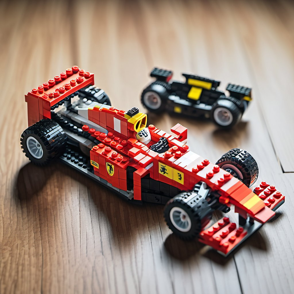  F1 team Ferrari  F1 car on wooden surface,lego, professionally color graded