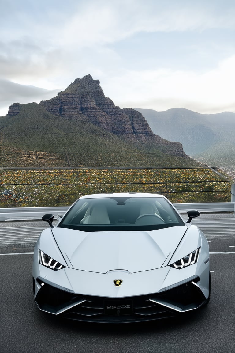 high quality photograph of Lamborghini Hurracan in Cape town, south Africa. background table mountain.  Canon EOS R3, 400mm, award-winning, UHD, 8k, f10, dslr,135mm imax