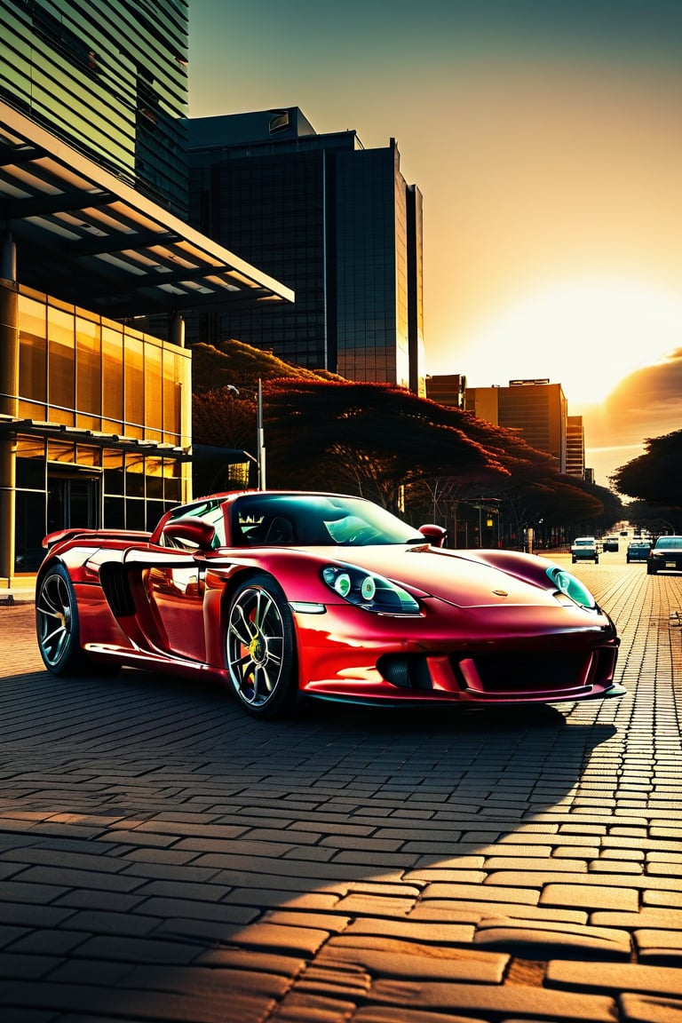 award-winning photograph of Porsche Carrera GT in Sandton, South Africa, colour grading of Sam Kolder, early evening, realistic. Canon, 8k, wide angle lens