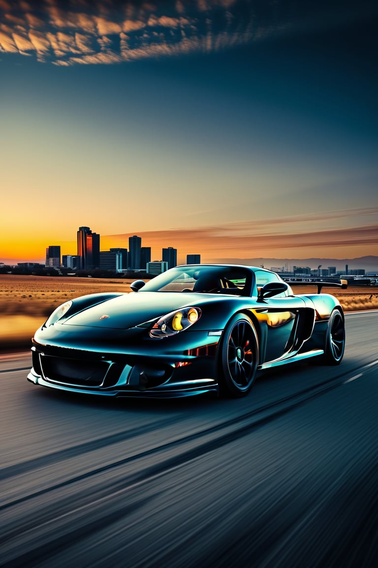 award-winning photograph of Porsche Carrera GT, background Sandton, South Africa, colour grading style of Sam Kolder, realistic. Canon, 8k, wide angle lens