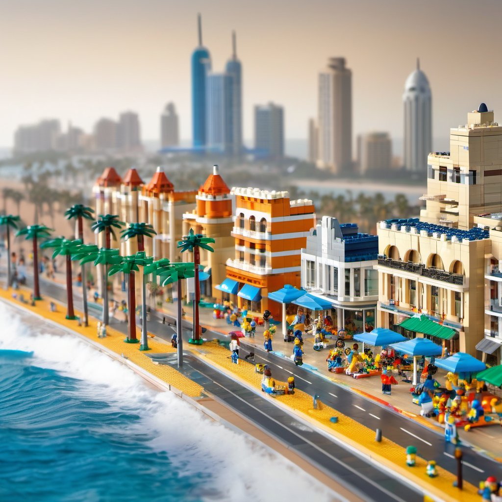 Vibrant and colorful Lego cityscape of Durban beachfront promenade, South Africa, set against a bright blue sky , featuring the Durban city skyline and Moses Mabhida Stadium, palm trees, and Lego minibus taxis, with people of different skin tones and ages, including children, adults, and seniors, going about their daily activities, such as walking, jogging, or sitting on benches, with a few sailboats and surfers in the distance, and a subtle gradient of warm sandy tones and turquoise hues blending into the horizon.

