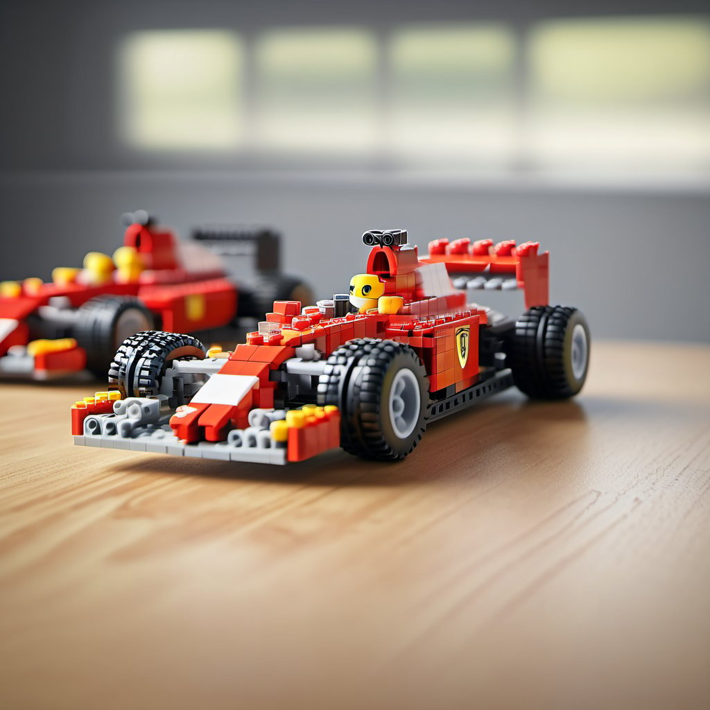  F1 team Ferrari  F1 car on wooden surface,lego, professionally color graded