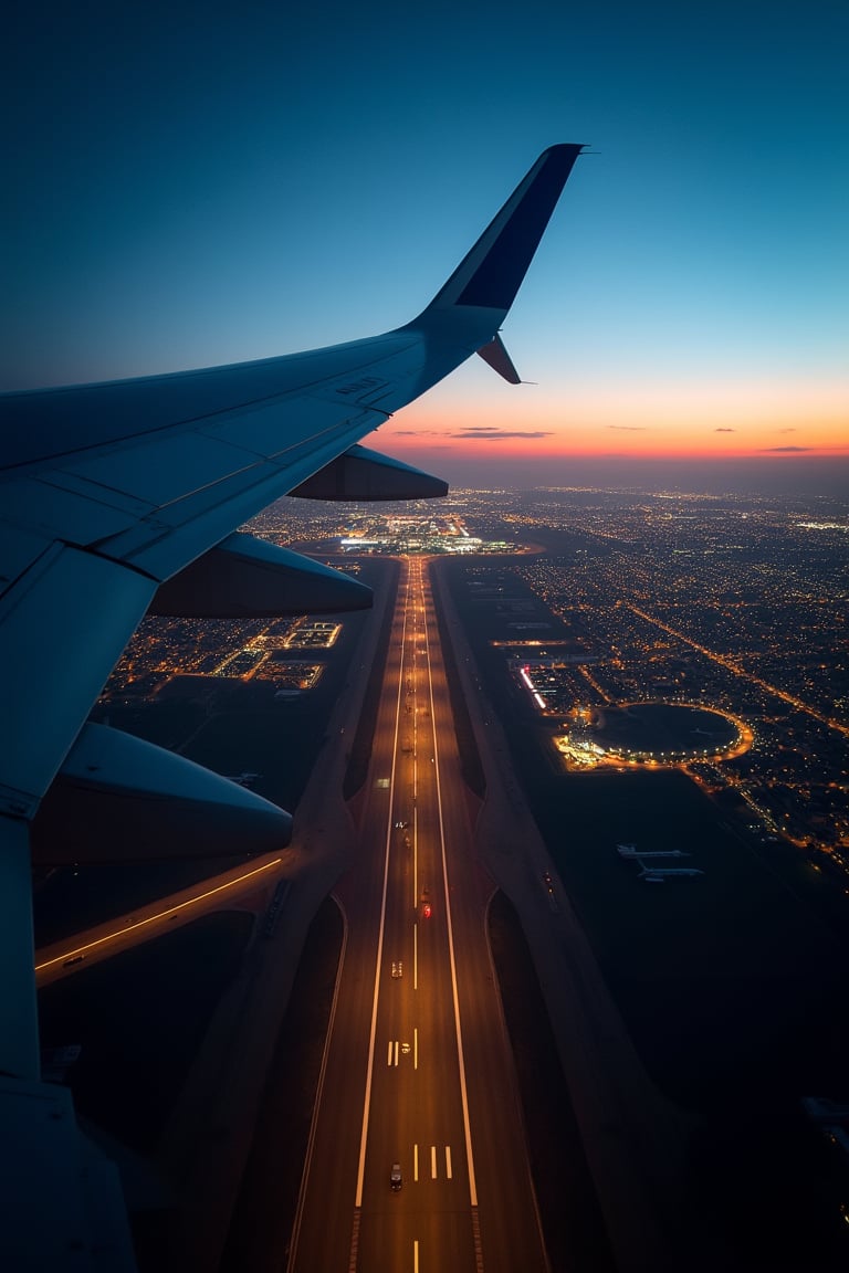 Aerial view from the cockpit of an Airbus A380 at dusk, King Shaka Airport, South Africa. The cityscape is visible below, illuminated by early evening light. Shot in the style of Sam Kolder, with a wide-angle lens, 4k resolution, HDR, and DSLR quality. The pilot's perspective captures the runway and distant horizon, creating an award-winning composition.