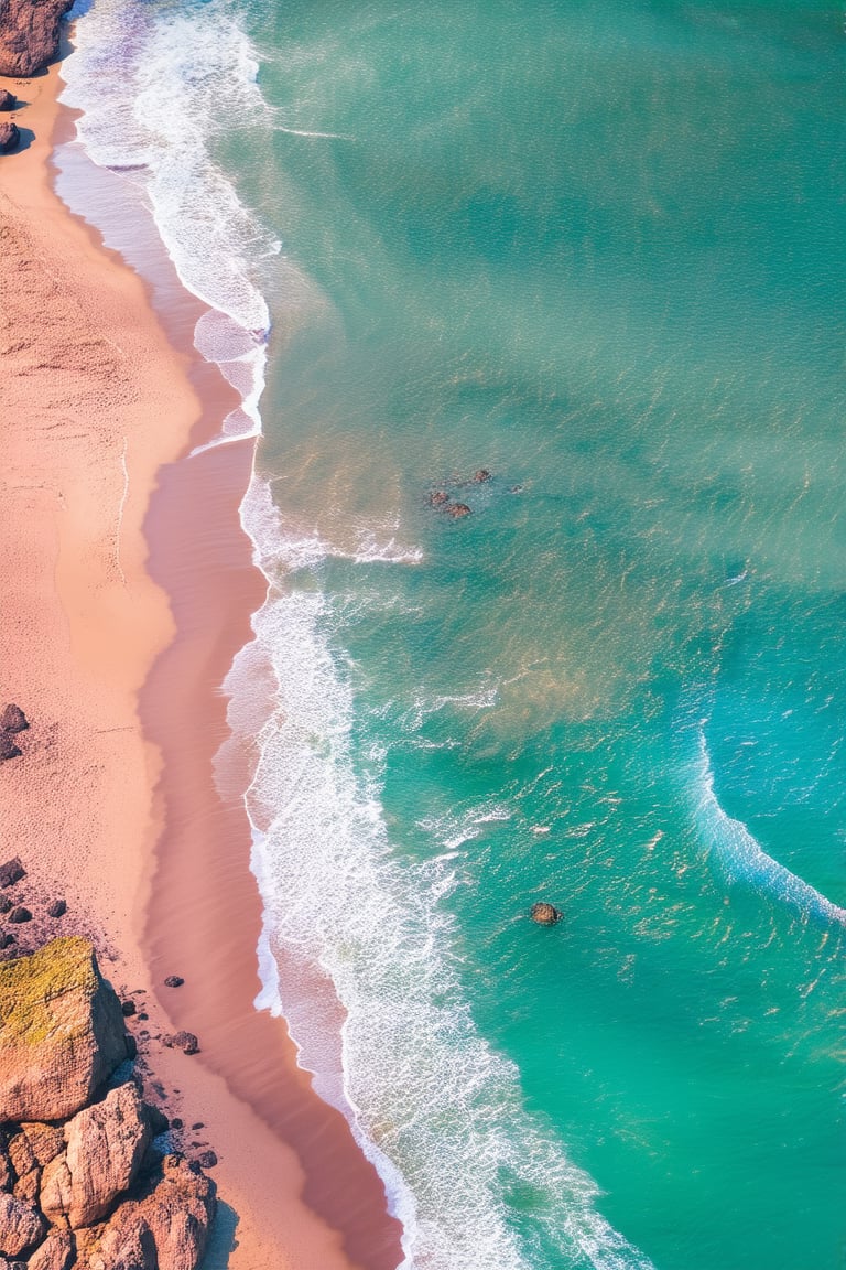 photograph of the beach in Kzn, South Africa, taken by a drone, rocks in the water, golden hour, clear skies, magenta hues in the horizon,  Canon EOS R3, 400mm, award-winning, UHD, 8k, f10, dslr,135mm imax