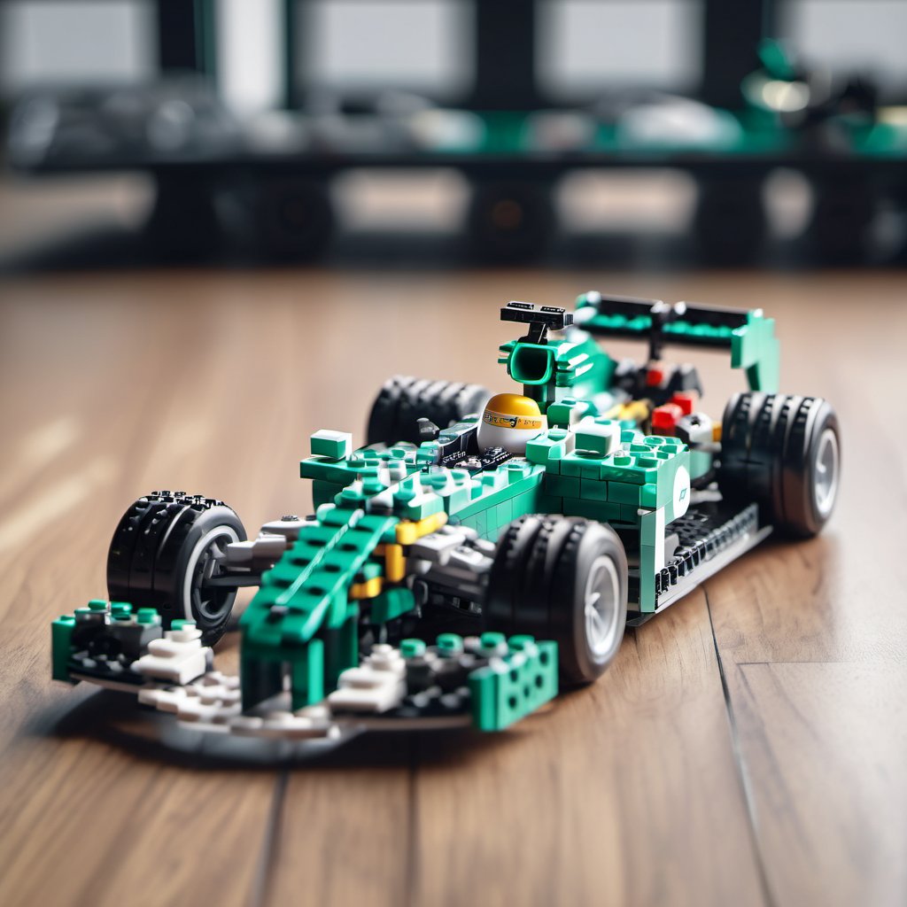  F1 team Mercedes-AMG Petronas F1 car on wooden surface,lego, professionally color graded