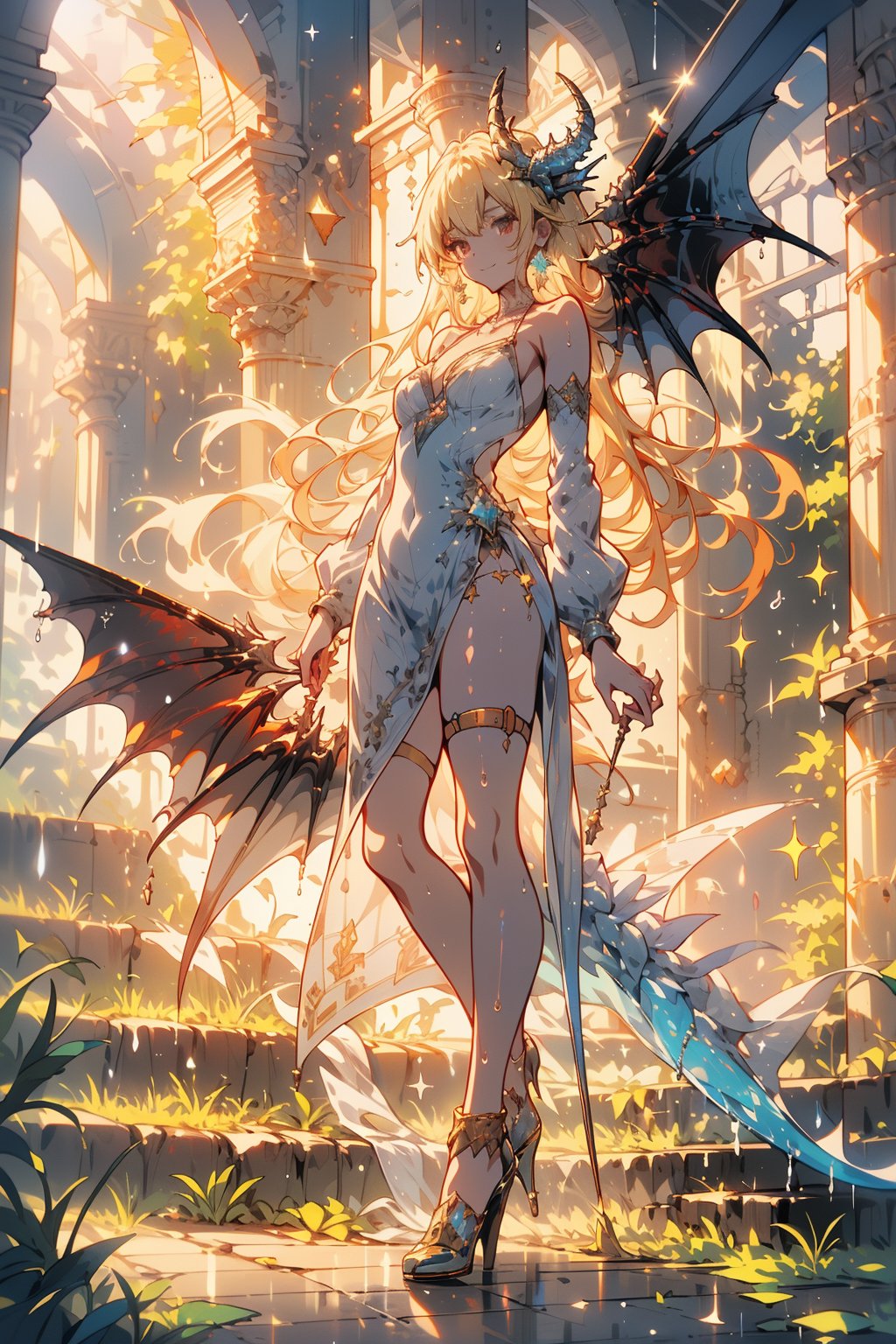 full body,white dragon,dragonoid girl,(masterpiece, best quality, highres, anime style:1.5), (natural skin texture, sharp:1.2),chest raised, ((in the holy cathedral)),trees with golden leaves in the background,a group of dragons flying behind her, wearing shabby sexy clothes. （ruined church）
///brown eyes, glowing eyes, blond hair, long hair, hair between eyes, hair ornament, thigh strap, saggy breast, deep neckline, dress, bare_shoulders,white_dress,(wet clothes), earrings, fine gold necklaces, fine gold anklet, bare shoulders, bare belly, bare legs, deep of field, rain drop, neon, seductive smile, looking at viewer, light refraction, cinematic shot, frozen skin,

masterpiece, best quality, detailmaster2, 8k, 8k UHD, ultra detailed, ultra-high resolution, ultra-high definition, highres,