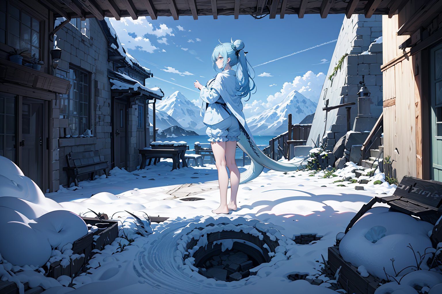  ((wider view:1.8)),full body,8k,(white dragon),(dragonoid girl),Standing amidst the ruins, with a massive snow-capped mountain in the distance, a dragon soars in the sky,waist-long hair, knee-length hair, wavy hair, side ponytail, bun head, light blue pajamas, light green pattern, white pattern, one-leg stockings, high heels, light Long blue hair, long hair, mixed blue, green and purple hair, clear limbs, clear fingers, standing pose,ancient European architectural style

 ///ultra sharp, masterpiece, best quality, aesthetic, Glamour, High quality, Masterpiece, Best quality, HD, Extremely detailed, voluminetric lighting,High resolution, good detail, bright colors,rgbcolor,