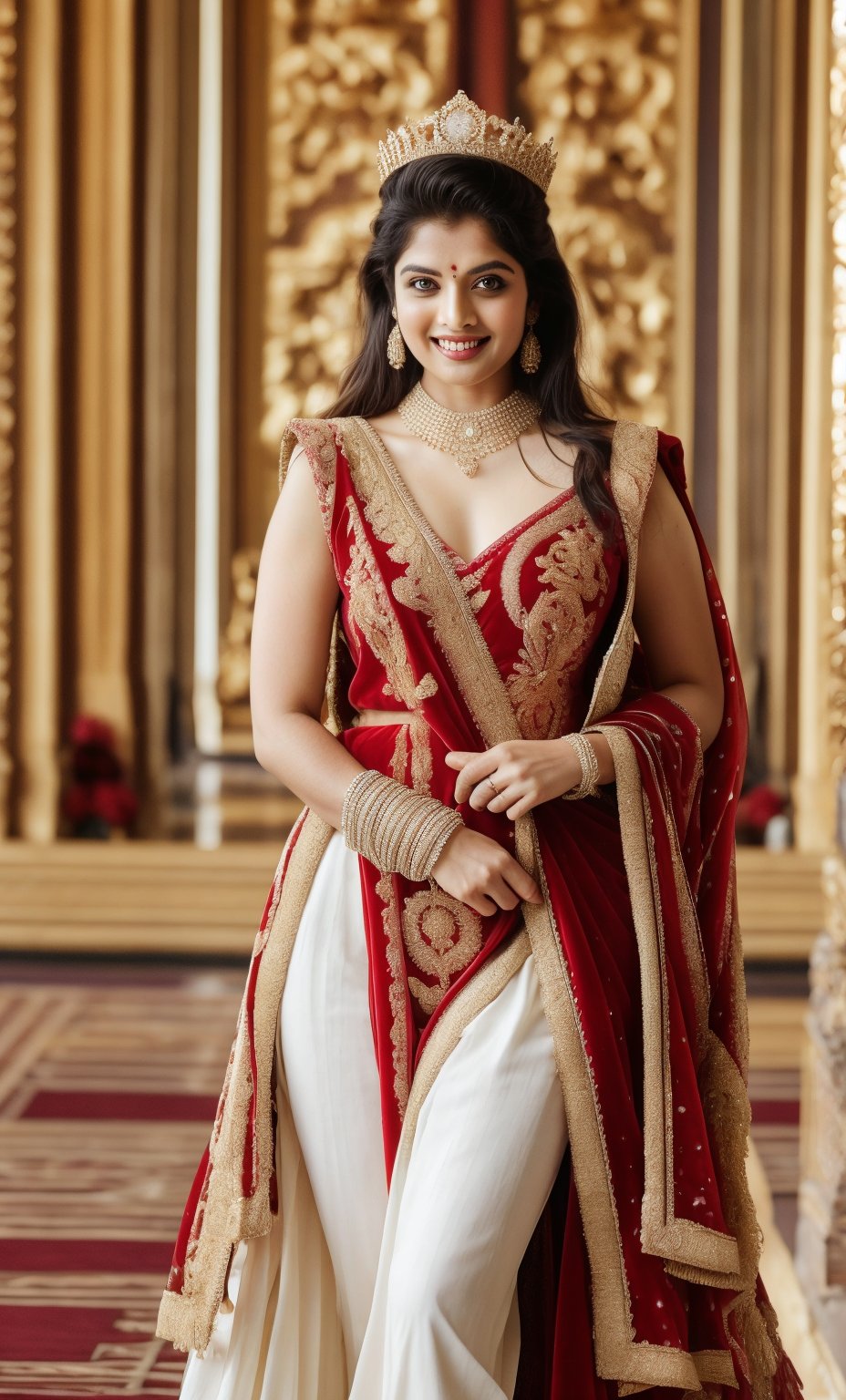 Sexy and beautiful Indian queen and handsome and dashing king in palace. Elegant, Royal, luxurious, big_boobies, ultra hd, 8k.,SD 1.5,photography,base model,photorealistic,character,male,female, A perfect full frame photo, smile face, animal