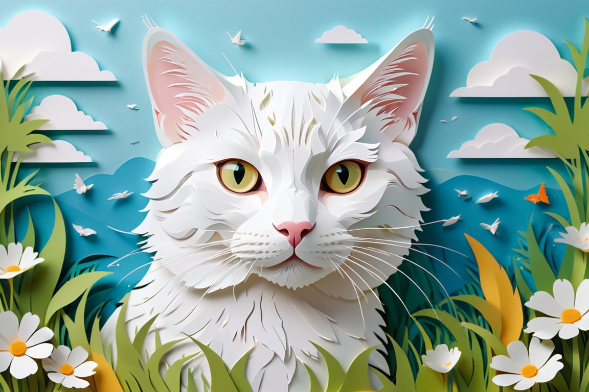 A white cat in the PaperCutout style , Very detailed, clean, high quality, sharp image ,summer theme , 