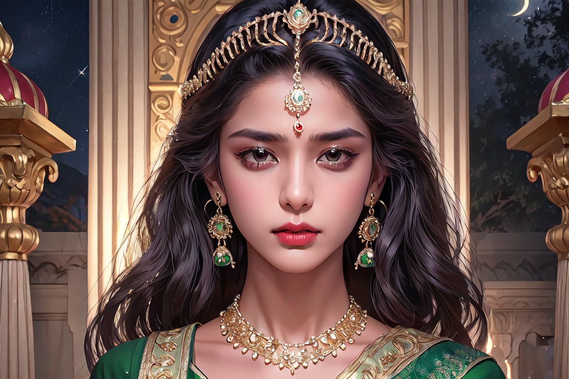 RWA photo, best quality, masterpiece, 8K resolution, ((solo:1.3)), ((1girl)), Indian beautiful teen girl, exquisite facial features, wearing luxurious green saree, adorned with elaborate golden earrings and headpiece, ((black long hair)), ((wavy hair)), ((dark skin)), black eyes, upset, close up portrait, perfect figure, cinematic lighting, in starlit night with big moon, at acieny palace