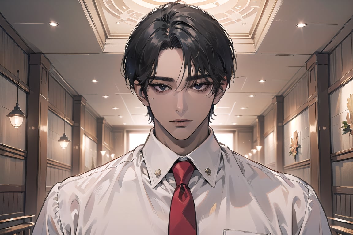 ((black very short hair)), (((dark skin:1.5))), ((center-parting bangs:1.4)), black eyes, mature, angular jaw, thick neck, ((white)) ((shirt:1.3)), short sleeve, ((red tie)), by Raphael, masterpiece, upper body shot, magnificent indoor hall, Dichloe,1 man,1 boy