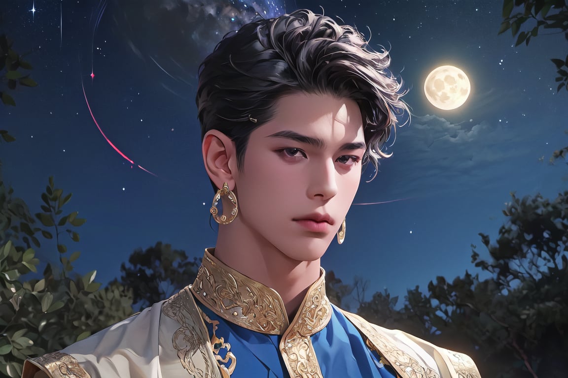 RWA photo, best quality, masterpiece, 8K resolution, ((solo:1.3)), ((1boy)), ready for battle, Asian beautiful teen boy, exquisite facial features, wearing luxurious blue Kurta, adorned with golden earrings, ((black short hair)), ((curly hair)), black eyes, close up portrait, perfect figure, cinematic lighting, in starlit night with big moon, at acient palace