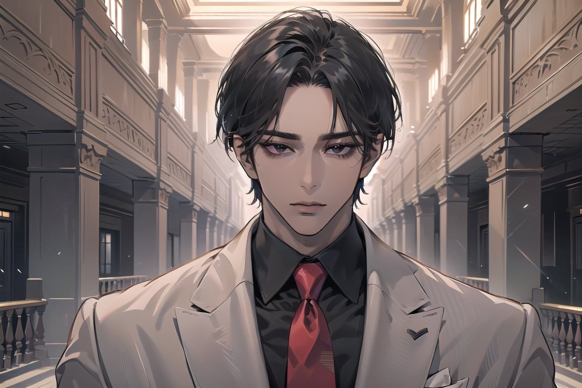 ((black very short hair)), (((dark skin:1.5))), ((center-parting bangs:1.4)), black eyes, mature, angular jaw, thick neck, wearing a ((suit)), ((red tie)), by Raphael, masterpiece, upper body shot, magnificent indoor hall, Dichloe,1 man,1 boy