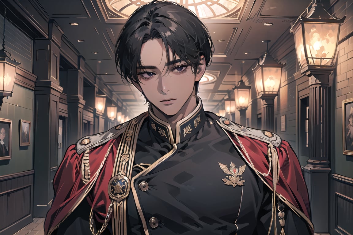  ((black very short hair)), (((dark skin:1.5))), ((center-parting bangs:1.4)), black eyes, mature, angular jaw, thick neck, wearing a (military uniform:1.3), long sleeve, by Raphael, masterpiece, upper body shot, magnificent indoor hall, Dichloe,1 man,1 boy