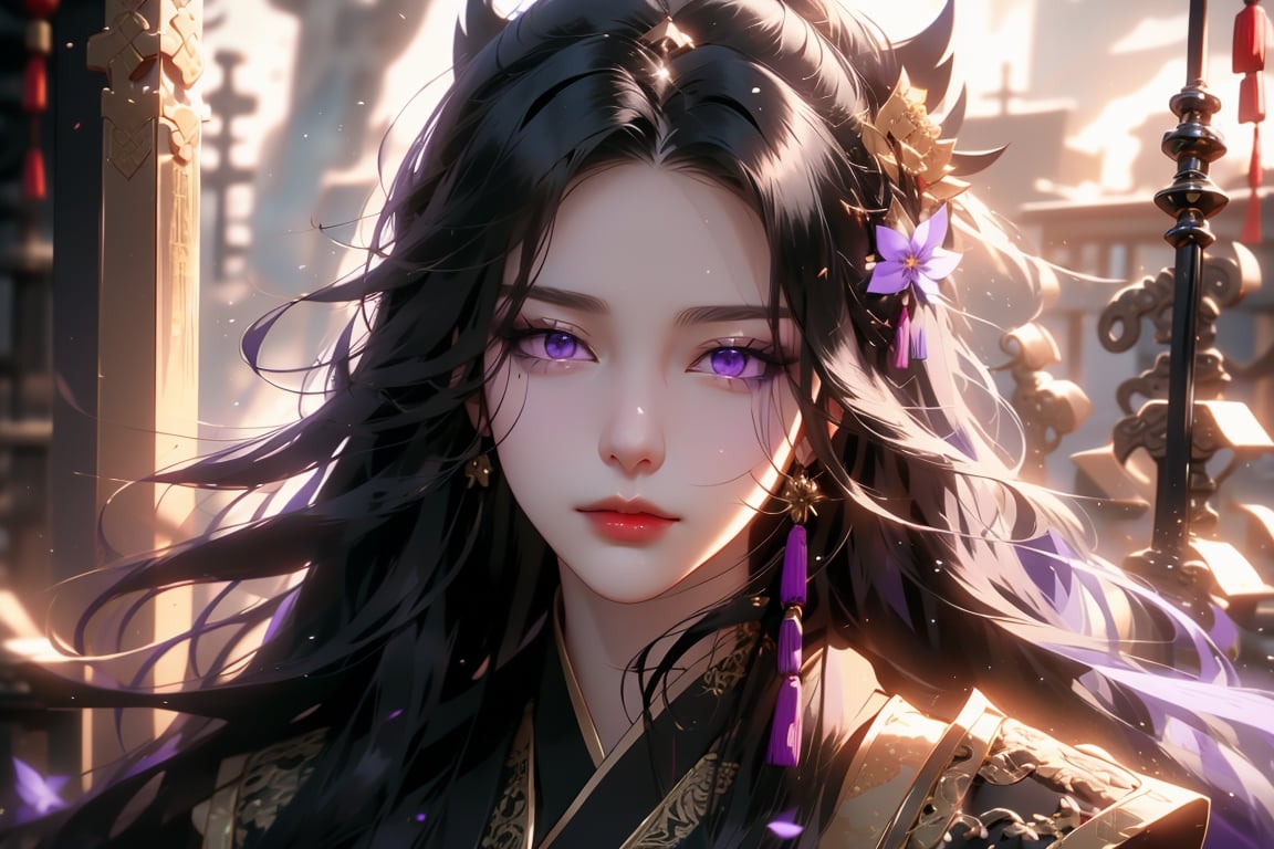 (cowboy shot), dynamic action style, (1woman), (female:1.2), mature face, (mature girl:1.2), sinister smirk, (Chinese hanfu with black and gold accents), finely detailed eyes and face, slim figure, (long black straight hair:1.2), (purple eyes:1.3), (focus on character:1.1), ((solo)), detailed face, detailed eyes, Chinese epic style, clear subject, ultra realistic, ultra detailed, OC rendering, blender, high detail, ultra high quality, dark and ominous atmosphere, dark clouds swirling, subtle mist