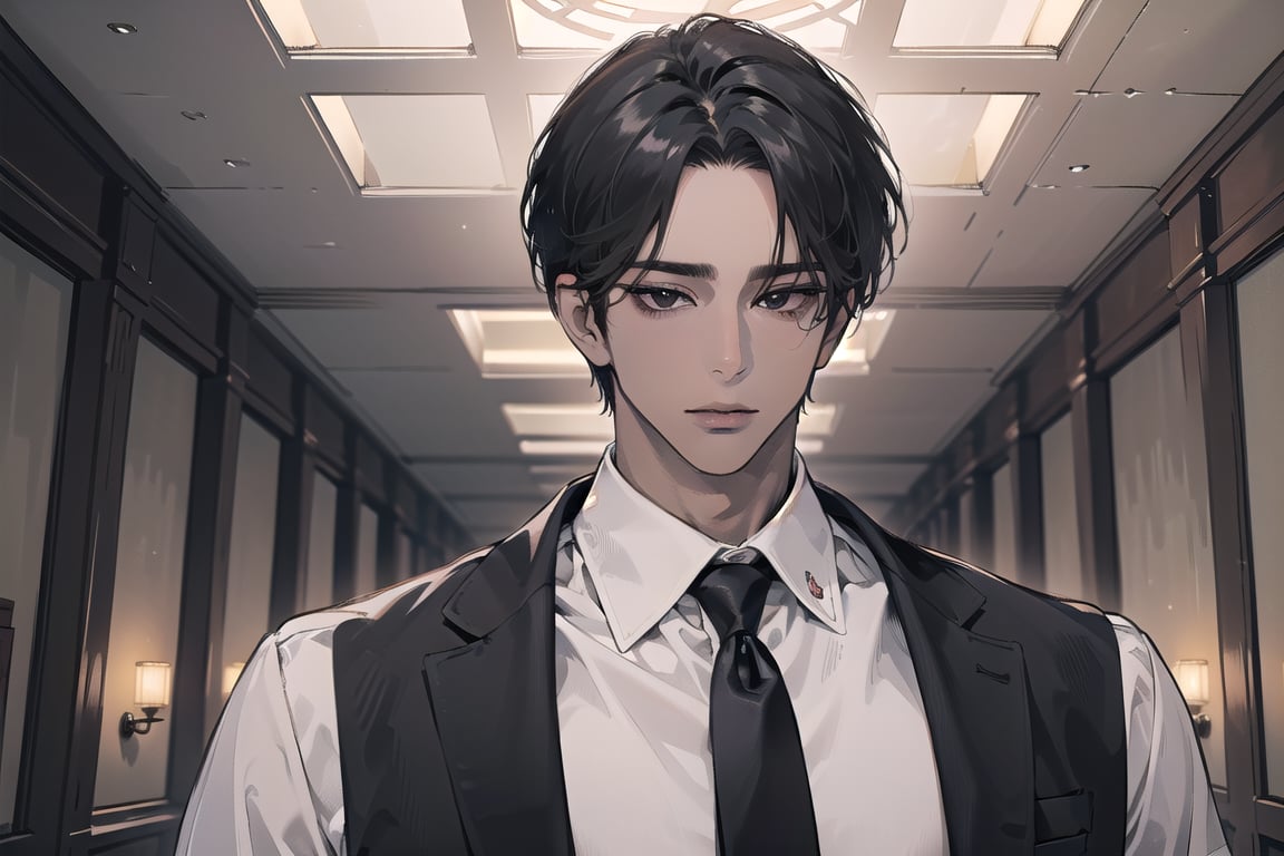 ((black very short hair)), (((dark skin:1.5))), ((center-parting bangs:1.4)), black eyes, mature, angular jaw, thick neck, ((white)) ((shirt:1.3)), short sleeve, tie, by Raphael, masterpiece, upper body shot, magnificent indoor hall, Dichloe,1 man,1 boy