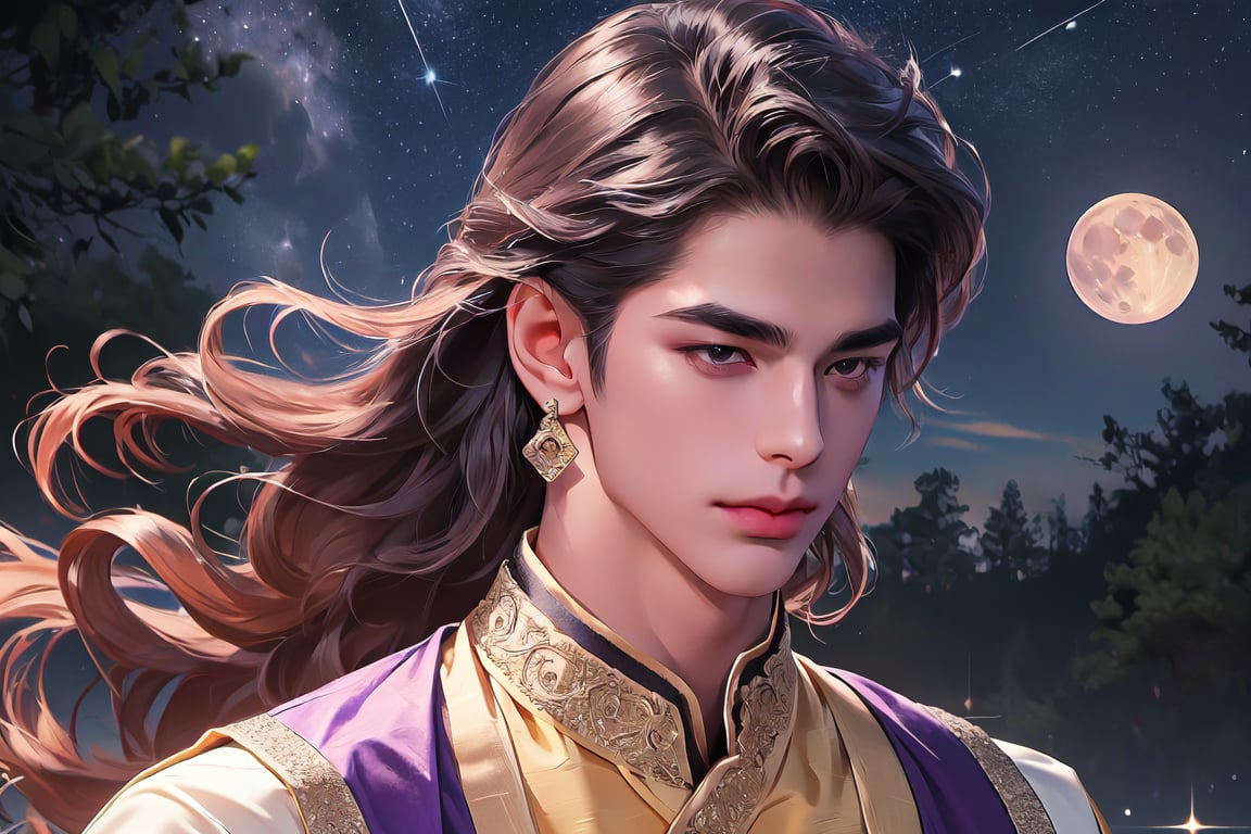 RWA photo, best quality, masterpiece, 8K resolution, ((solo:1.3)), ((1boy)), smirk, Europe handsome teen boy, exquisite facial features, wearing luxurious (purple Kurta), adorned with crystal earrings, ((light brown long wavy hair)), ((floating hair)), ((very dark skin)), ((very long bangs)), ((fat lip)), black eyes, ((thick eyebrows)), angular jaw, thick neck, close up portrait, perfect figure, cinematic lighting, in starlit night with (big moon)