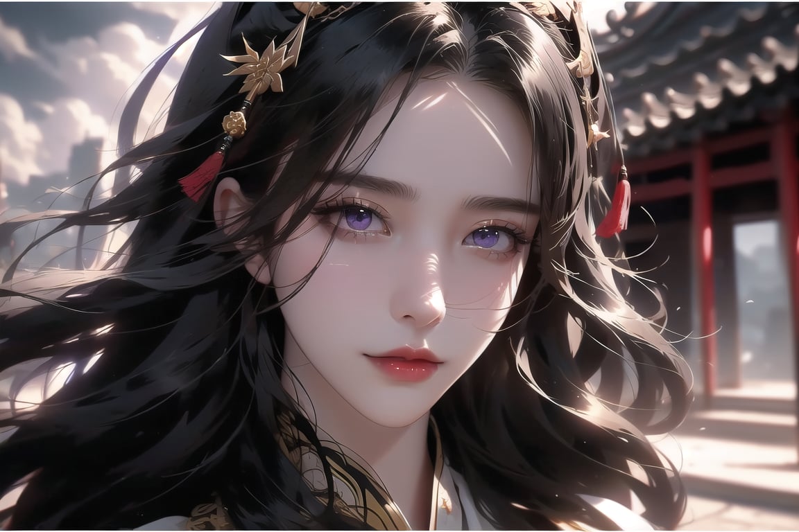 (cowboy shot), dynamic action style, (1woman), (female:1.2), mature face, (mature girl:1.2), sinister smirk, (Chinese hanfu with black and gold accents), finely detailed eyes and face, slim figure, (long black straight hair:1.2), (purple eyes:1.1), (focus on character:1.1), ((solo)), detailed face, detailed eyes, Chinese epic style, clear subject, ultra realistic, ultra detailed, OC rendering, blender, high detail, ultra high quality, dark and ominous atmosphere, dark clouds swirling, subtle mist