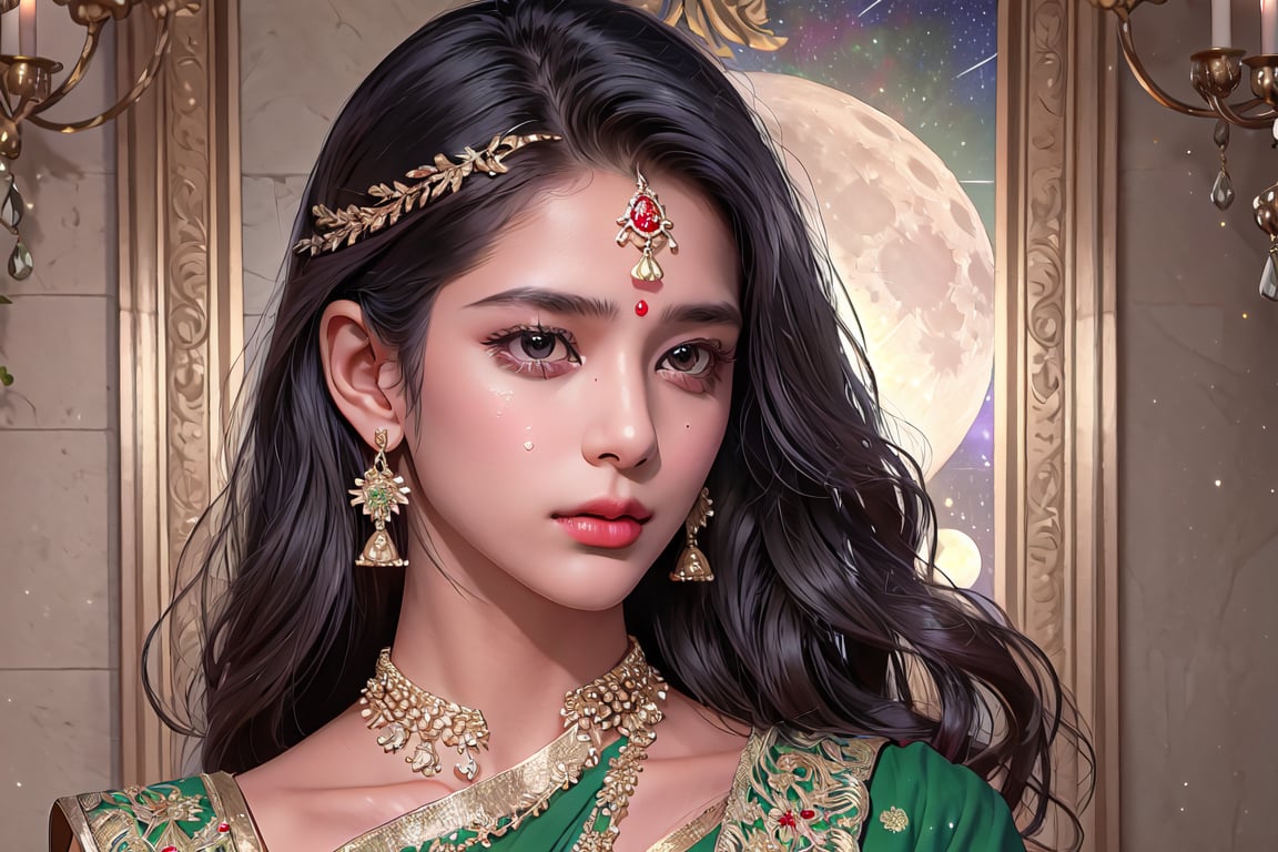 RWA photo, best quality, masterpiece, 8K resolution, ((solo:1.3)), ((1girl)), Indian beautiful teen girl, exquisite facial features, wearing luxurious green saree, adorned with elaborate golden earrings and headpiece, ((black long hair)), ((wavy hair)), ((dark skin)), black eyes, teary-eyed, with tears, close up portrait, perfect figure, cinematic lighting, in starlit night with big moon, at acieny palace