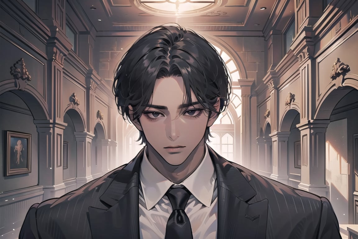 ((black very short hair)), (((dark skin:1.5))), ((center-parting bangs:1.4)), black eyes, mature, angular jaw, thick neck, wearing a ((suit)), red tie, by Raphael, masterpiece, upper body shot, magnificent indoor hall, Dichloe,1 man,1 boy