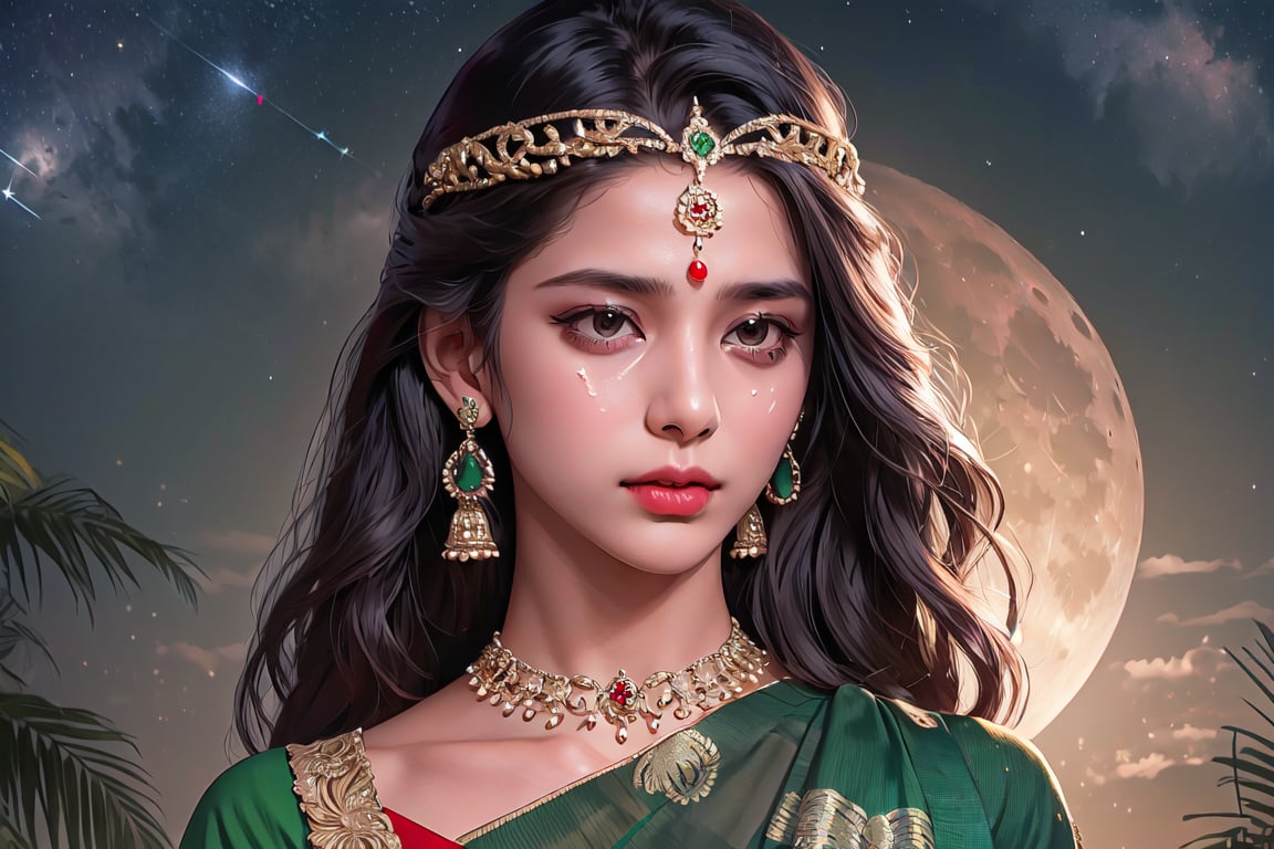 RWA photo, best quality, masterpiece, 8K resolution, ((solo:1.3)), ((1girl)), Indian beautiful teen girl, exquisite facial features, wearing luxurious green saree, adorned with elaborate golden earrings and headpiece, ((black long hair)), ((wavy hair)), ((dark skin)), black eyes, crying_with_eyes_open, close up portrait, perfect figure, cinematic lighting, in starlit night with big moon, at acieny palace