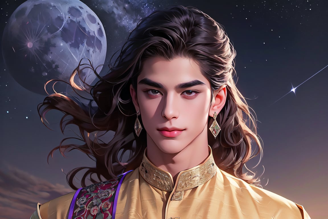 RWA photo, best quality, masterpiece, 8K resolution, ((solo:1.3)), ((1boy)), ((evil smle)), Europe handsome teen boy, exquisite facial features, wearing luxurious (purple Kurta), adorned with crystal earrings, ((light brown long wavy hair)), ((floating hair)), ((very dark skin)), ((fat lip)), black eyes, ((thick eyebrows)), angular jaw, thick neck, close up portrait, perfect figure, cinematic lighting, in starlit night with (big moon)